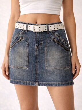 Y2K Utility Zip Pockets Denim Mini Skirt Archive OK Jeans Sz 30